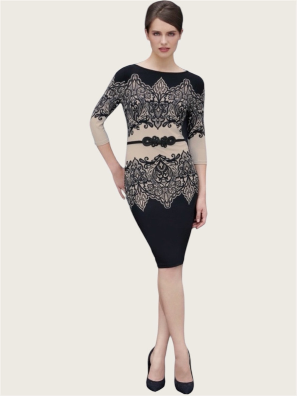 Joseph Ribkoff Black Beige Lace Print Sheath Dress Size 12